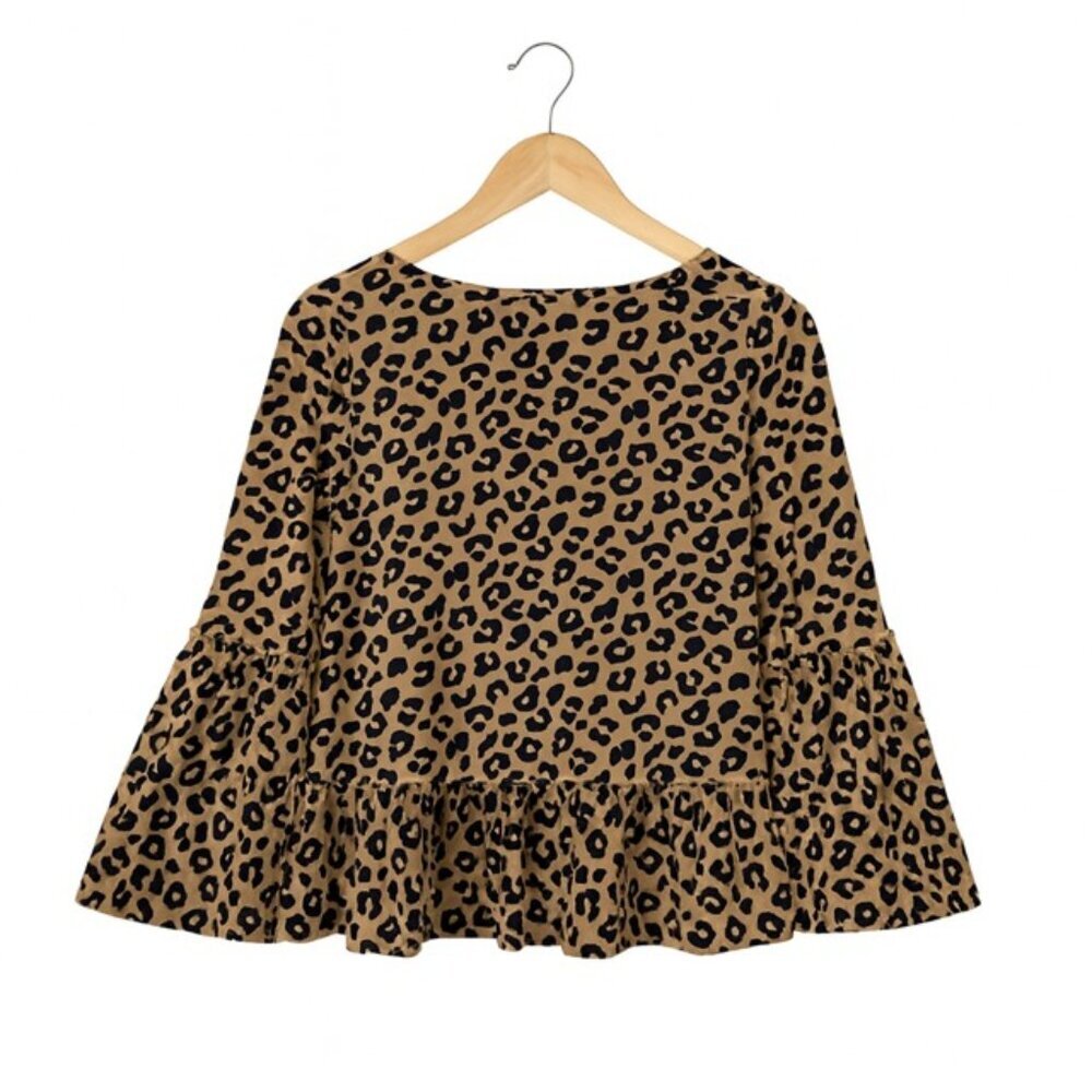 SIMPLY SOUTHERN Leopard Print Ruffle Bell Sleeve Peplum Hem Top - Size Small